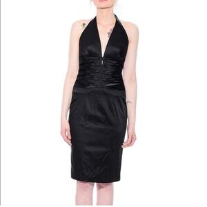 Women's Cache satin bodycon vneck midi Dress Size 4 Black Halter
